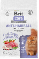 Brit Care Anti-Hairball Сухой корм для кошек с белой рыбой и индейкой,1.5кг,6261