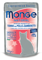 Влажный корм MONGE CAT NATURAL 80г для кошек Тунец, Курица,Креветки желе пауч (7764)