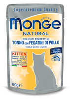 Влажный корм MONGE CAT NATURAL 80г для котят Тунец, Куриная печень в желе пауч (6927)